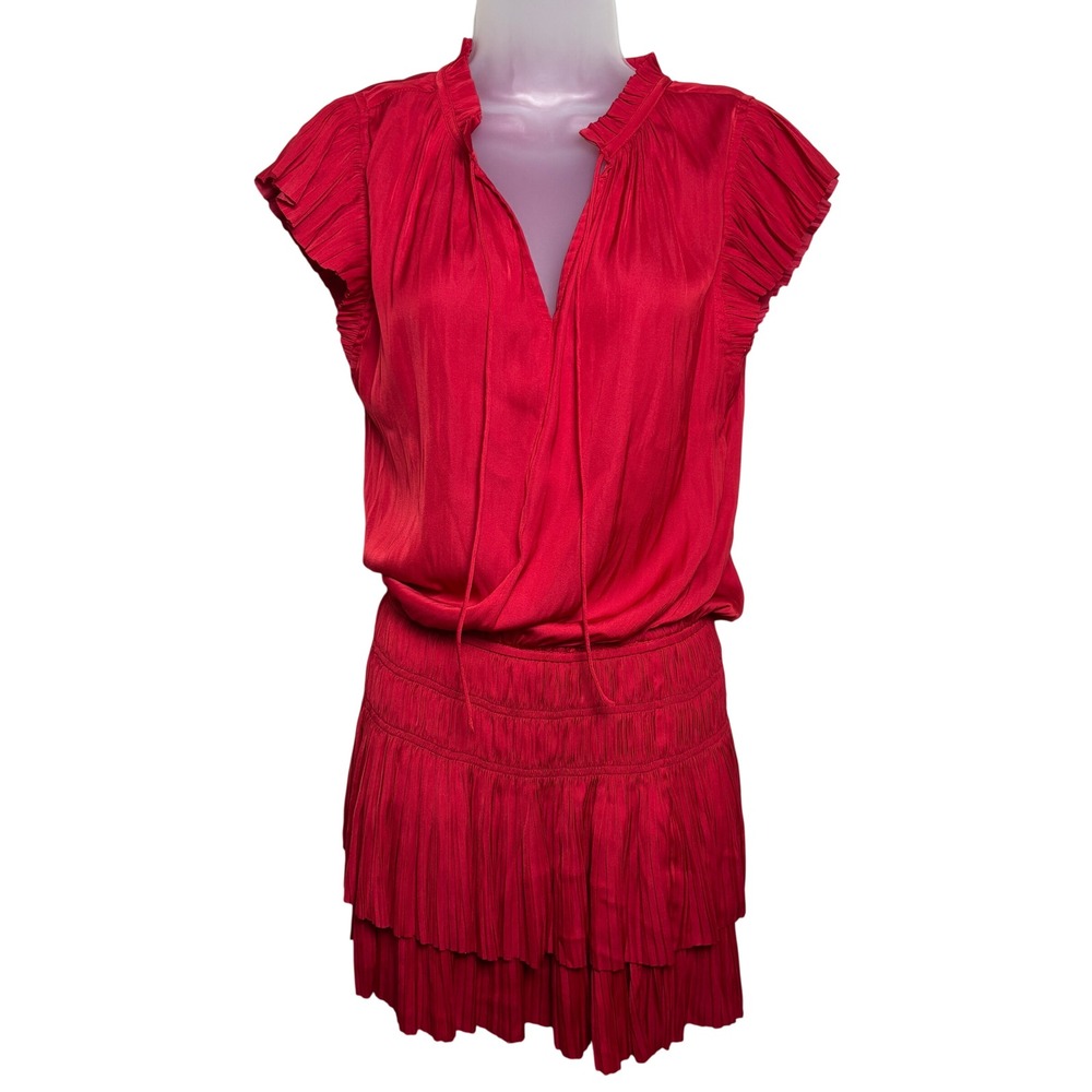 JAMES Red Smocked Waist &‎ Tiered Ruffle Skirt Pleated Mini Dress Womens Small